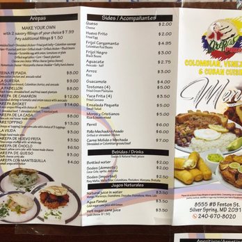 Arepas Pues - Menu - Menu from Arepas Pues in Silver Spring, MD, listing various Colombian, Venezuelan, and Cuban dishes such as arepas, sides, and beverages. The menu includes options like shredded beef, chicken, and pork fillings, as well as sides like cheese, fried egg, and black beans. Drinks include bottled water, sodas, and natural fruit juices. The menu is printed on a tri-fold paper with a colorful restaurant logo and images of food on the right side. - Venezuelan Near Me - Silver Spring, Maryland