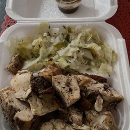Jerk Chicken and cabbage.