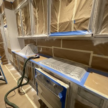 Mister White Pants - Just a glimpse into the amount of masking that goes into every cabinet spraying job I do. - Painters Near Me - Brooklyn, New York Mister White Pants - Just a glimpse into the amount of masking that goes into every cabinet spraying job I do. - Painters Near Me - Brooklyn, New York