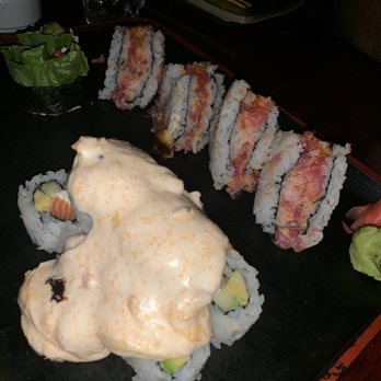 Shibui - Volcano roll (left) Spicy Tuna Sandwich roll (right, not on menu - must request) - Japanese Near Me - Sunset, Florida