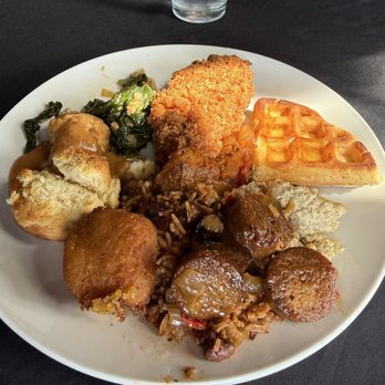 Souley Vegan - Fat Sunday brunch: Chik'n, Belgian Waffle, Biscuit, Housemade Hot Link, Hoppin John, Greens, Tofu Scramble - Vegan Near Me - Oakland, California Souley Vegan - Fat Sunday brunch: Chik'n, Belgian Waffle, Biscuit, Housemade Hot Link, Hoppin John, Greens, Tofu Scramble - Vegan Near Me - Oakland, California