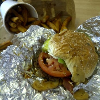 Five Guys - Bacon Burger with, lettuce, tomato, extra pickles. grilled onions, mushrooms, and A-1 suace. Cajun Fries as supporting cast - Burgers Near Me - Carson, California Five Guys - Bacon Burger with, lettuce, tomato, extra pickles. grilled onions, mushrooms, and A-1 suace. Cajun Fries as supporting cast - Burgers Near Me - Carson, California