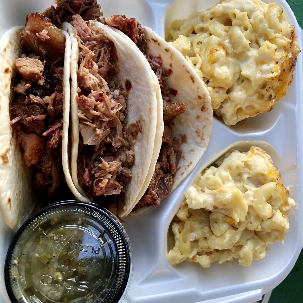 Timberlake's Cuisine - Smoked Brisket and Carnitas Tacos with Smoked Mac & Cheese with house-made Green Verde Salsa - Soul Food Near Me - Boise, Idaho