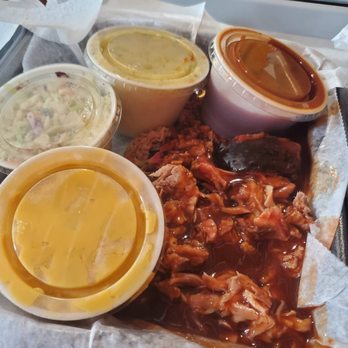 Tin Top - Pork with mac and cheese, slaw, and potato salad - Barbeque Near Me - Calera, Alabama