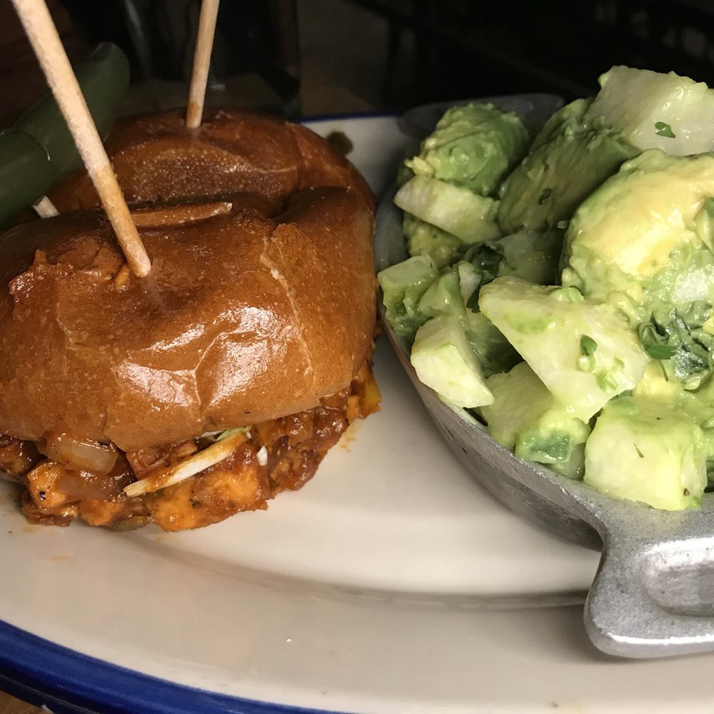 The Rustic - The vegetarian sloppy joe (mostly made of sweet potatoes) and avocado salad with jicama and cucumber - New American Near Me - Dallas, Texas