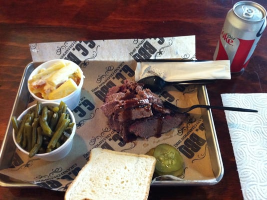 Photo of Grand Champion BBQ - Roswell, GA, US. Green beans, macaroni and cheese [!!] beef brisket, pickles and texas bread. Diet Coke on the side.