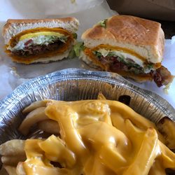 John's Famous Deli - Beef patty on cocoa bread with the works and fries with cheese