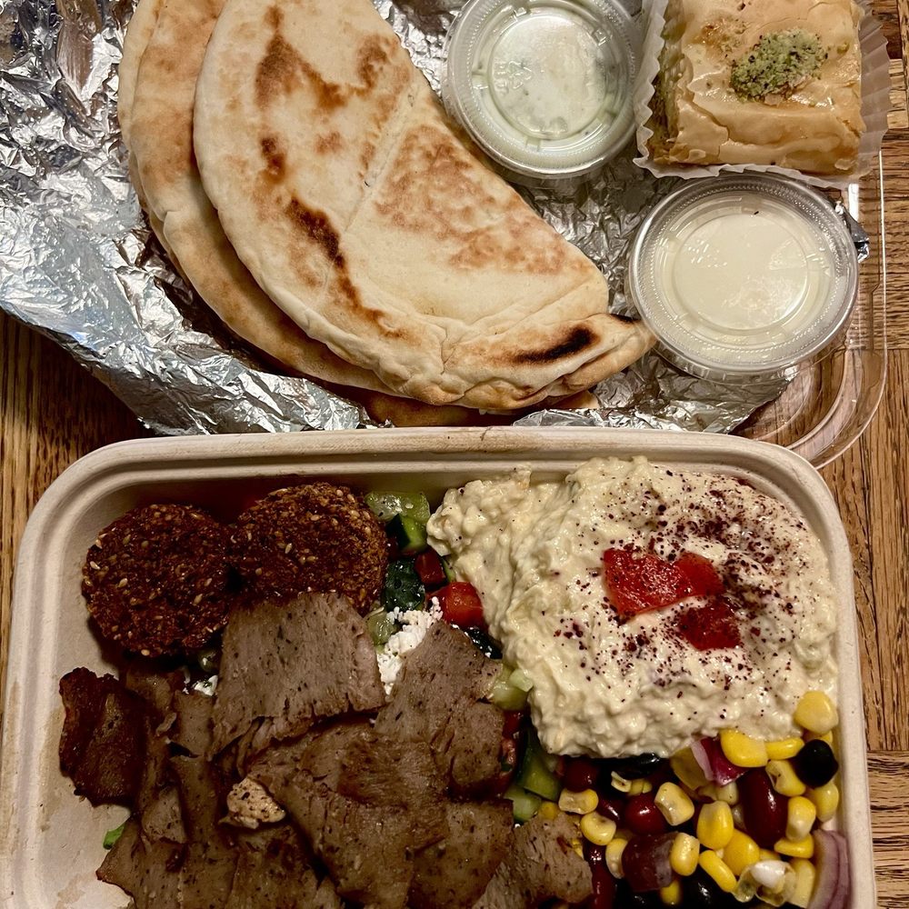 Yafa Hummus - Falafel and shawarma bowl with baba and bean salad, and baklava - Mediterranean Near Me - Dublin, California Yafa Hummus - Falafel and shawarma bowl with baba and bean salad, and baklava - Mediterranean Near Me - Dublin, California