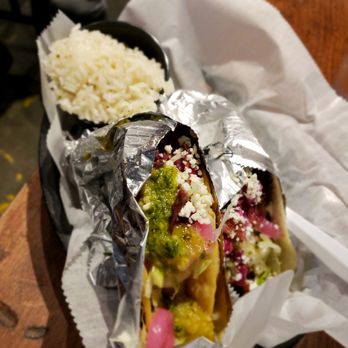 Condado Tacos - Shrimp taco on flour, chorizo on crispy corn and a side of rice. - Tex-Mex Near Me - Columbus, Ohio