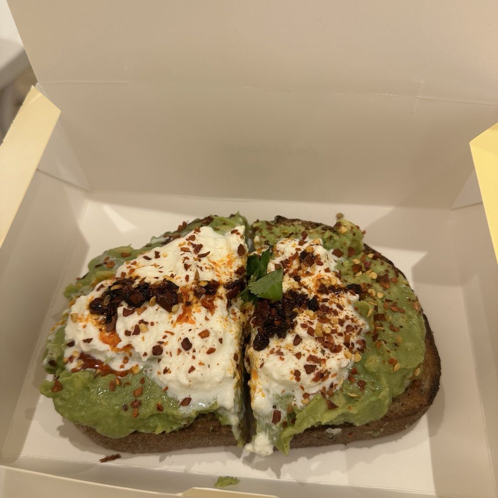 Avocado toast with burrata cheese and chili crunch Avocado toast with burrata cheese and chili crunch