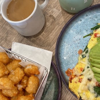 Aloha Stacks - Avocado Portuguese Sausage omelet with tater tots. - Breakfast & Brunch Near Me - Whittier, California Aloha Stacks - Avocado Portuguese Sausage omelet with tater tots. - Breakfast & Brunch Near Me - Whittier, California