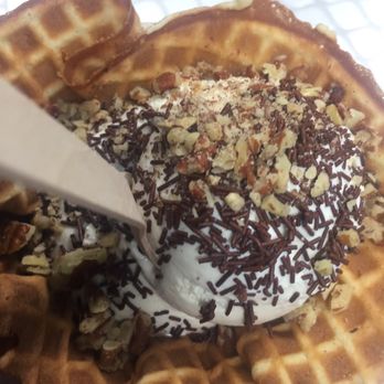 Long Beach Creamery - Whiskey Vanilla with chocolate shavings and pecans inside a fresh waffle cone - Ice Cream & Frozen Yogurt Near Me - Long Beach, California Long Beach Creamery - Whiskey Vanilla with chocolate shavings and pecans inside a fresh waffle cone - Ice Cream & Frozen Yogurt Near Me - Long Beach, California
