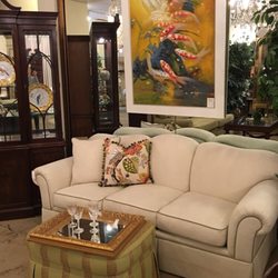 Great Finds & Design - Koi oil painting above cream sofa w/ accent pillows