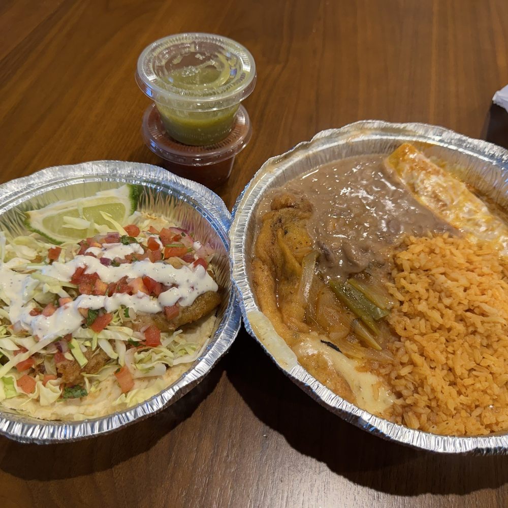 Cocina 85 - Combination #13 - Shredded beef enhilada, chile relleno, and taco (got Baja style fish taco for $1.50 extra) - Mexican Near Me - San Bernardino, California Cocina 85 - Combination #13 - Shredded beef enhilada, chile relleno, and taco (got Baja style fish taco for $1.50 extra) - Mexican Near Me - San Bernardino, California