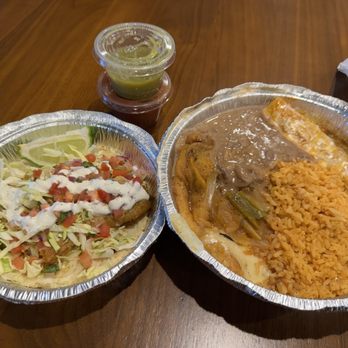 Cocina 85 - Combination #13 - Shredded beef enhilada, chile relleno, and taco (got Baja style fish taco for $1.50 extra) - Mexican Near Me - San Bernardino, California