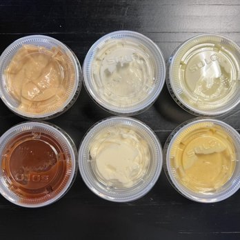 Chicciety - top: chicciety sauce, ranch, creamy cucumber wasabi bottom: bbq, white aioli, honey mustard - Chicken Shop Near Me - Walnut, California