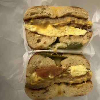 Delicious Donuts and Bagels - Bacon, sausage, egg, cheddar on jalapeño cheese bagel. - Donuts Near Me - Newark, California Delicious Donuts and Bagels - Bacon, sausage, egg, cheddar on jalapeño cheese bagel. - Donuts Near Me - Newark, California