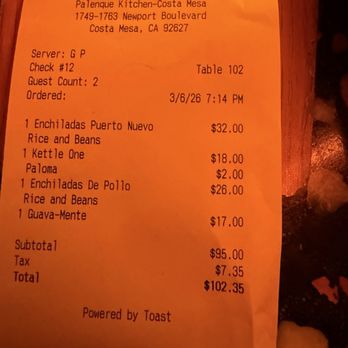Palenque Kitchen - Receipt - Cocktail Bars Near Me - Costa Mesa, California
