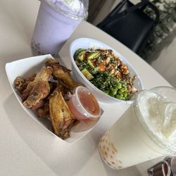 Ong's Kitchen - Taro boba, chicken wings, salmon poke bowl, lychee boba
