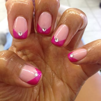 Polish n' Refine - Went with a umbre light pink to bright fuschia triangular french tip with a final touch of a diamond - Nail Salons Near Me - West Roxbury, Massachusetts