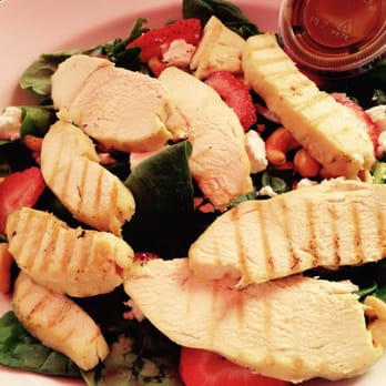 The Red Line Cafe - The Popeye with Chicken (spinach, strawberries, cashews, goat cheese & balsamic dressing) - Cafes Near Me - Salem, Massachusetts The Red Line Cafe - The Popeye with Chicken (spinach, strawberries, cashews, goat cheese & balsamic dressing) - Cafes Near Me - Salem, Massachusetts