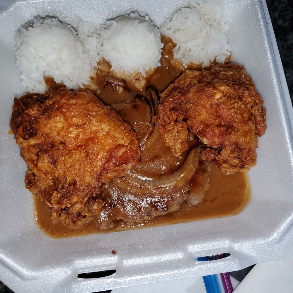 Ray's Café - 2 huge pieces of chicken thigh and hamburger steak with onions and gravy. 3 scoops of rice and Mac salad in separate container. - American Near Me - Honolulu, Hawaii Ray's Café - 2 huge pieces of chicken thigh and hamburger steak with onions and gravy. 3 scoops of rice and Mac salad in separate container. - American Near Me - Honolulu, Hawaii