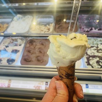 Amorino - Mint chip gelato in front of a refrigerated case of many gelato flavors - Creperies Near Me - San Antonio, Texas