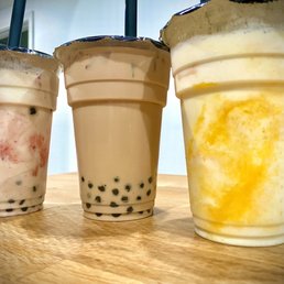 Strawberry Yogurt Blended w/ honey boba, Brown Sugar Milk Tea w/ honey boba, and Mango Yogurt Blended Strawberry Yogurt Blended w/ honey boba, Brown Sugar Milk Tea w/ honey boba, and Mango Yogurt Blended