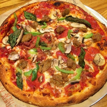 Blaze Pizza - My creation: Red sauce, mozzarella, parmesan, pepperoni, sausage, applewood bacon, mushroom, bell pepper, basil, and oregano! - Pizza Near Me - Pasadena, California Blaze Pizza - My creation: Red sauce, mozzarella, parmesan, pepperoni, sausage, applewood bacon, mushroom, bell pepper, basil, and oregano! - Pizza Near Me - Pasadena, California
