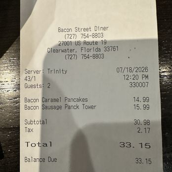 Bacon Street Diner - Receipt - Breakfast & Brunch Near Me - Clearwater, Florida