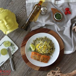 Minoo - Sabzi Polo.ba.Mahi - Mixed Herbs Rice with Salmon - Served with your choice of Garden Salad OR Yogurt