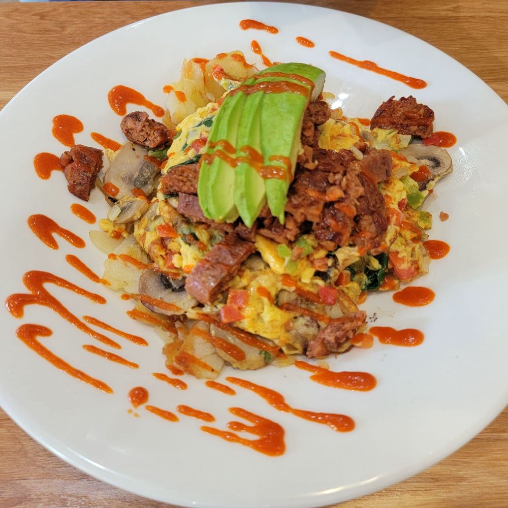 Broken Yolk Cafe - Spicy Vegan with Just Egg and Beyond Spicy Sausage - American Near Me - Phoenix, Arizona Broken Yolk Cafe - Spicy Vegan with Just Egg and Beyond Spicy Sausage - American Near Me - Phoenix, Arizona
