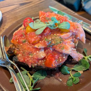 Nopa - SMOKED TROUT PAN CON TOMATE grilled sourdough, sungolds, sweet 100s, basil and early girl tomato vinaigrette - New American Near Me - San Francisco, California