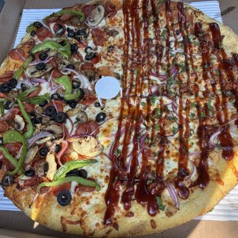 Sgt. Pepperoni's Pizza Store - 18'' Half & Half Specialty of the Works and BBQ Chicken - Pizza Near Me - Irvine, California Sgt. Pepperoni's Pizza Store - 18'' Half & Half Specialty of the Works and BBQ Chicken - Pizza Near Me - Irvine, California