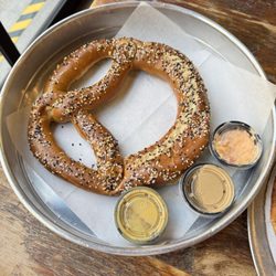 Masthead Brewing - Everything Pretzel w three house-made sauces: pimento cheese, Bertman stadium mustard, and an IPA honey mustard.