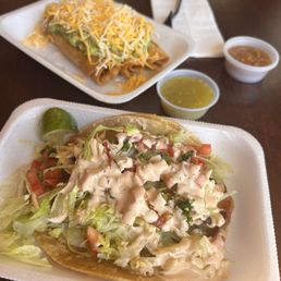 Fish taco and 3 rolled tacos Fish taco and 3 rolled tacos