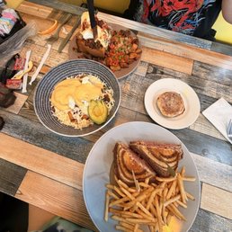 Reuben with french fries, Chorizo Hash, and the Spicy box with Country Potatoes.