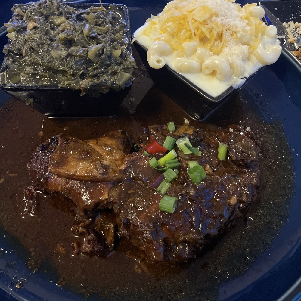 Godfreys - Jerk chicken plate with collard greens and Mac and cheese - Caribbean Near Me - Flowood, Mississippi Godfreys - Jerk chicken plate with collard greens and Mac and cheese - Caribbean Near Me - Flowood, Mississippi