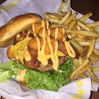 Buffalo Wild Wings - Bacon Curd Burger with Cajun Fries - American Near Me - Long Beach, California Buffalo Wild Wings - Bacon Curd Burger with Cajun Fries - American Near Me - Long Beach, California