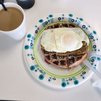 The Waffle Den - Blackberry Waffle, two Fried Eggs And a Chicken Fried Steak also delicious and cheap too - Waffles Near Me - Killeen, Texas