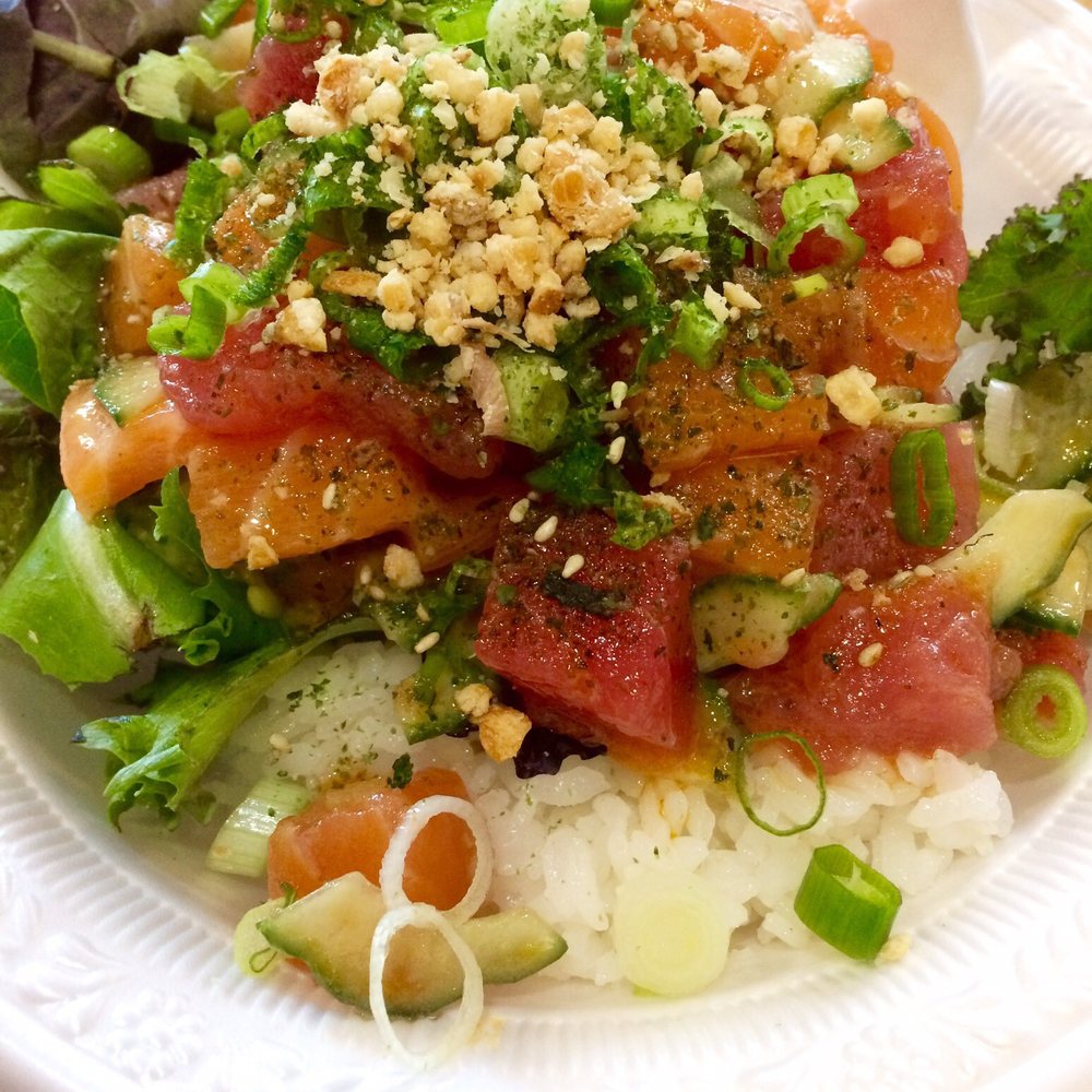 PokiNometry - Medium Bowl (half rice/half salad, salmon, tuna and a bunch of toppings) - Japanese Near Me - Anaheim, California PokiNometry - Medium Bowl (half rice/half salad, salmon, tuna and a bunch of toppings) - Japanese Near Me - Anaheim, California
