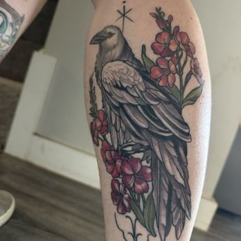 Fox Den Atelier - Raven and fireweed calf tattoo. - Tattoo Near Me - Oklahoma City, Oklahoma