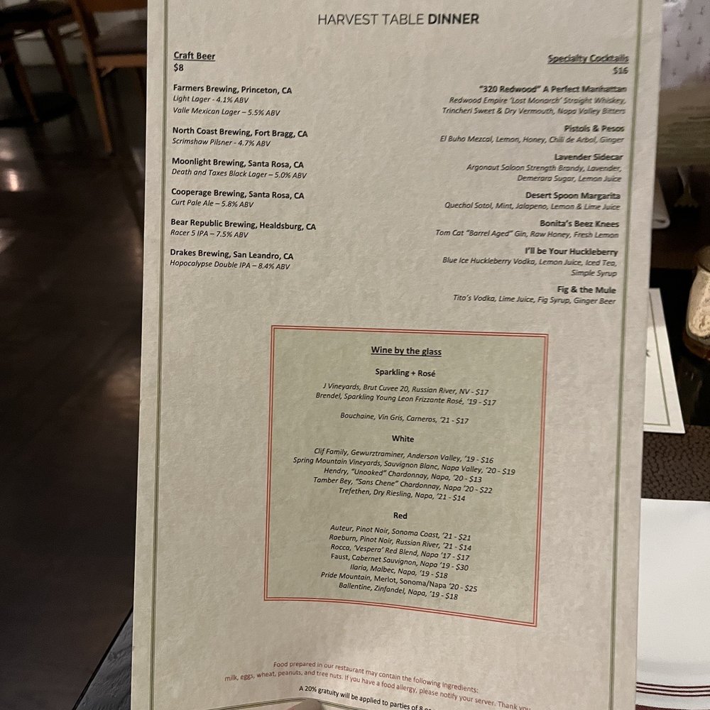 Harvest Table - Menu - New American Near Me - St Helena, California