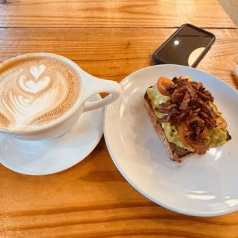 Fount Coffee + Kitchen - Latte and Avocado Stack with bacon. - Coffee & Tea Near Me - Morrisville, North Carolina