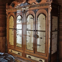 L Post Rustics - Great camp double Adirondack rustic armoire with owl carvings in high relief, birch bark and twig.  Custom made.