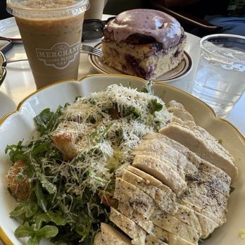 The Merchant - Arugula pecorino with chicken salad iced honey lavender oat milk latte, cinnamon roll - Coffee & Tea Near Me - Long Beach, California