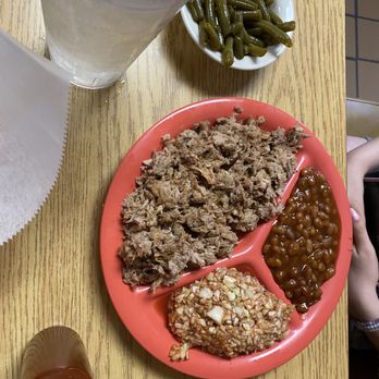 Clark's Barbecue - Barbecue plate with coleslaw, baked beans and green beans. - Barbeque Near Me - Kernersville, North Carolina