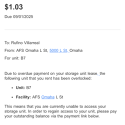 Affordable Family Storage - Documentation of them locking my unit over $1.03