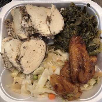 Lawrence Caribbean Restaurant - Small jerk chicken (white) with collard greens, cabbage, and plantain. Yuuuuuuuum! - Caribbean Near Me - Charlotte, North Carolina