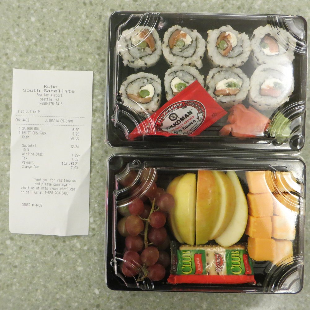 Salmon roll ($6.99) and fruit & cheese pack ($5.25)